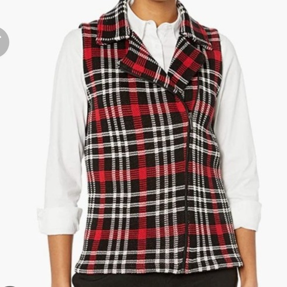 Chaps Womens Sweater Vest Medium Plaid Sleeveless Full Zip Knit Red Black White - Picture 1 of 6